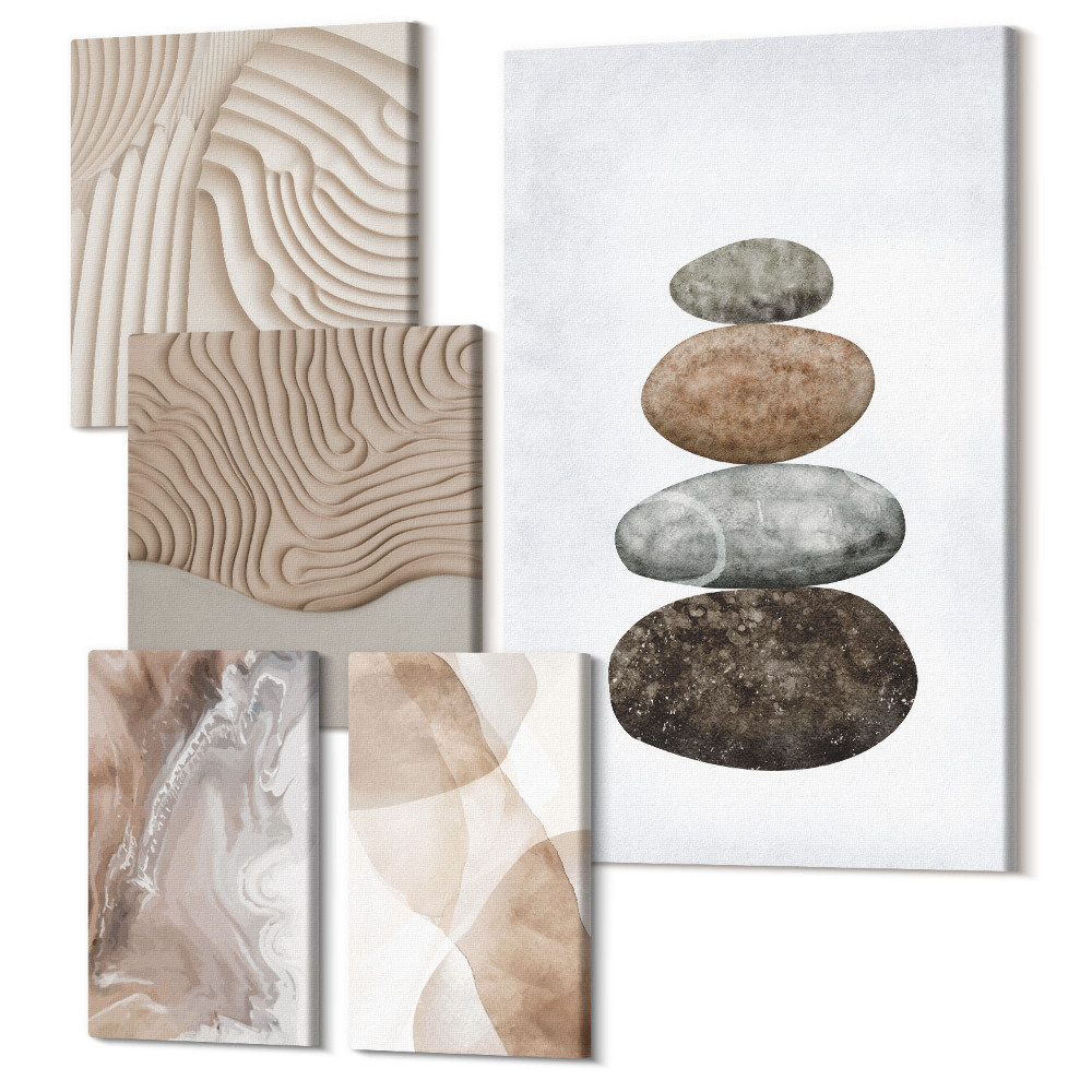 Zestaw obrazów na płótnie pentaptyk Abstrakcja kształtów malowane struktury w pastelowych barwach