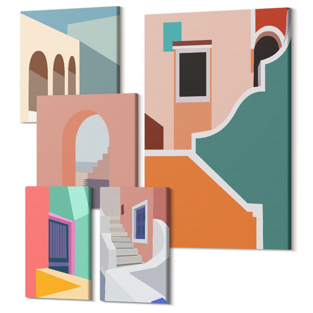 Zestaw obrazów pentaptyk na ścianę Kolorowe ilustracje budynków w stylu nowoczesnym