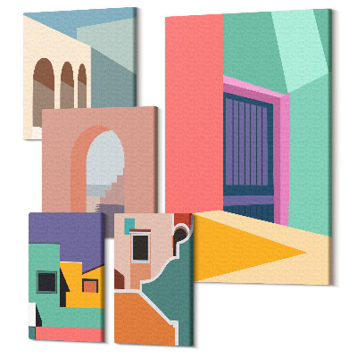 Zestaw obrazów 5 części pentaptyk Kolorowe ilustracje miasta w stylu nowoczesnym