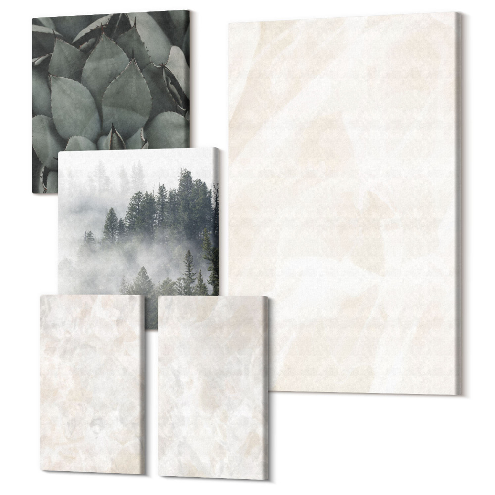 Zestaw obrazów 5 części pentaptyk Kamienne pastelowe struktury białego marmuru