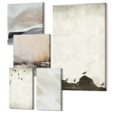 Zestaw obrazów na płótnie pentaptyk Ptaki skały i ślady pędzla minimalistyczne dekoracje