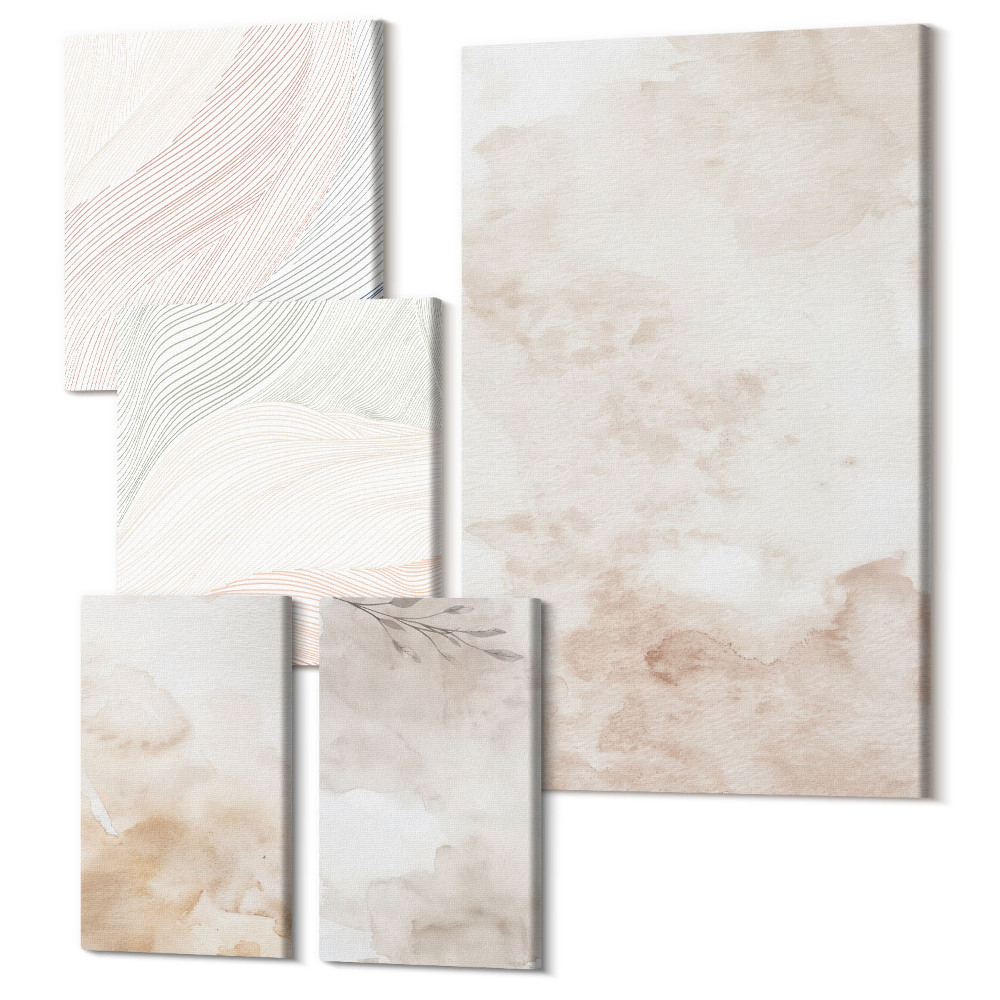 Zestaw obrazów 5 części pentaptyk Akwarelowe plamy i liście w pastelowych barwach