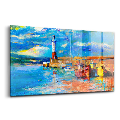 Foto-obraz szkło hartowane Latarnia morska i łodzie