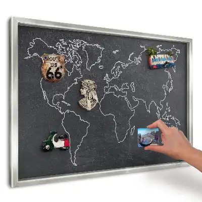 Tablica magnetyczna Mapa świata w srebrnej ramce z ciemnym tłem