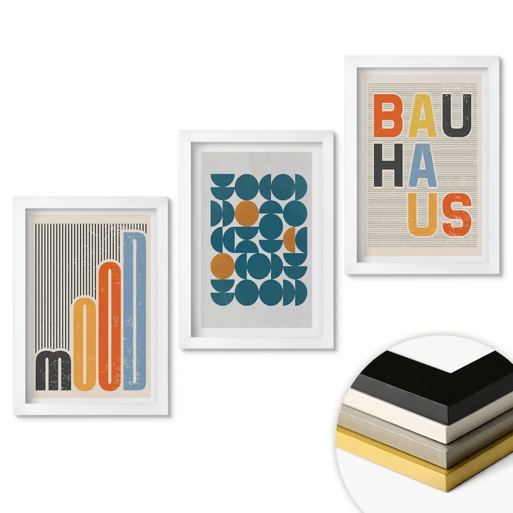 Zestaw obrazów do salonu z nowoczesnymi grafikami w stylu Bauhaus