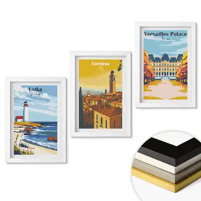 Zestaw 3 obrazów w ramie Magiczne miejsca Europy w ilustracjach