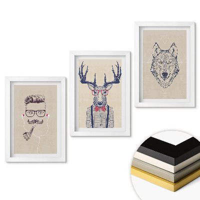 Zestaw 3 obrazów w ramie Stylowe zwierzęta i ludzie w ilustracjach