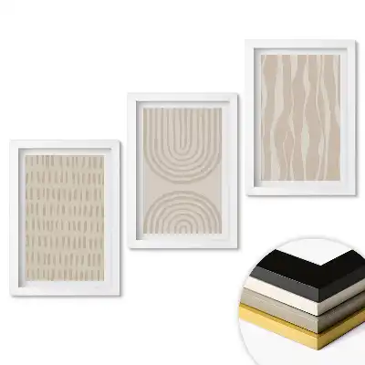 Zestaw obrazów do salonu z minimalistycznymi wzorami w stonowanych kolorach