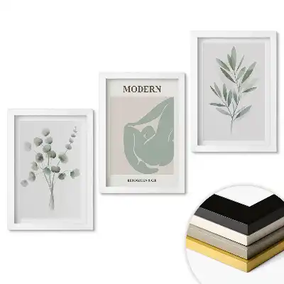 Zestaw trzech obrazów do salonu z grafikami roślinnymi w pastelowych kolorach