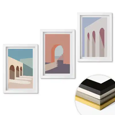 Zestaw 3 nowoczesnych obrazów do salonu z motywem architektury w pastelowych kolorach