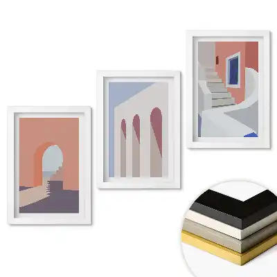 Zestaw 3 obrazów do salonu z abstrakcyjnymi kompozycjami architektonicznymi