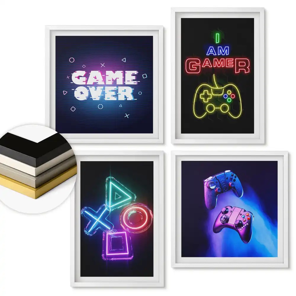 Zestaw 4 obrazów w ramie z neonowymi grafikami dla graczy