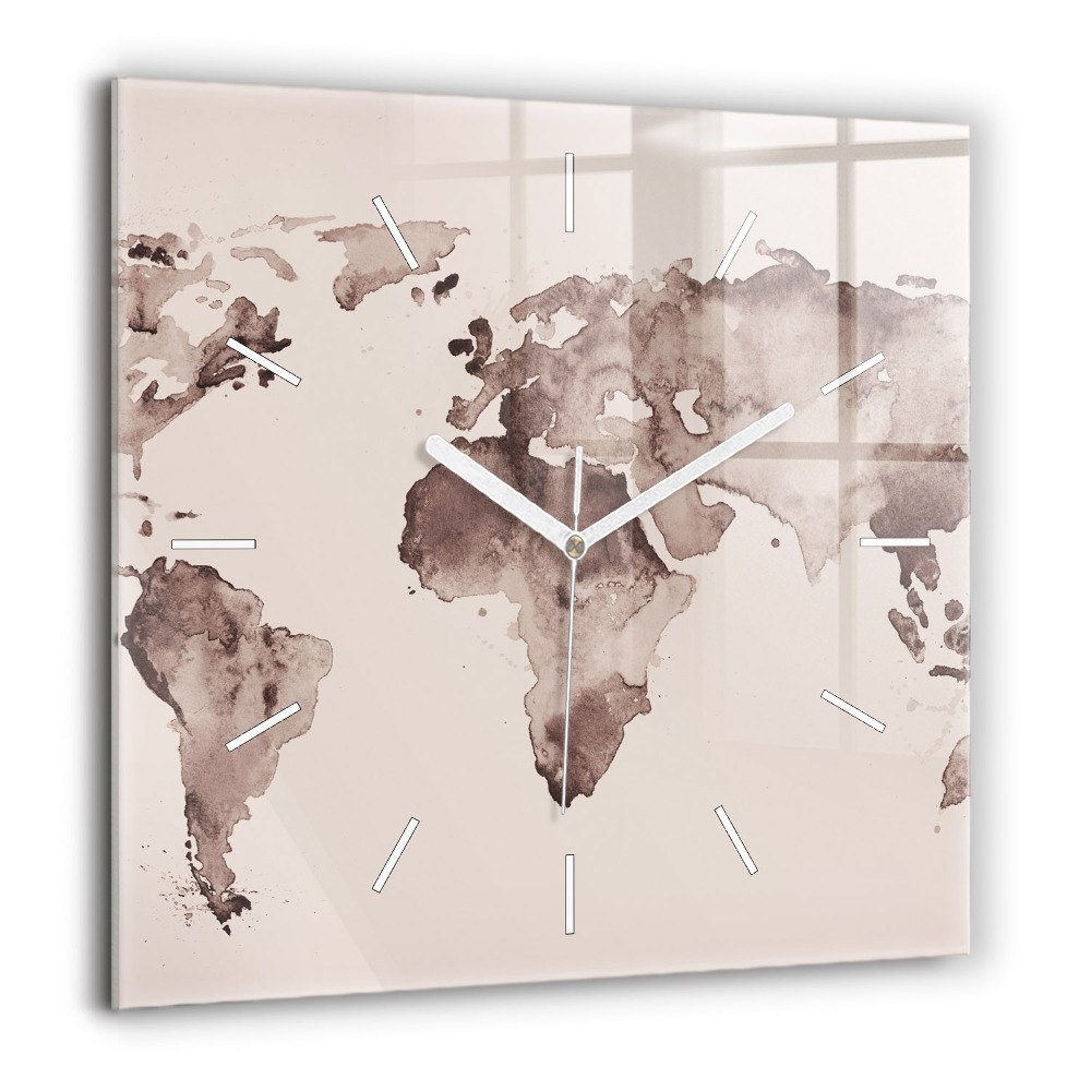 Zegar szklany 60x60 Mapa świata namalowana akwarelami