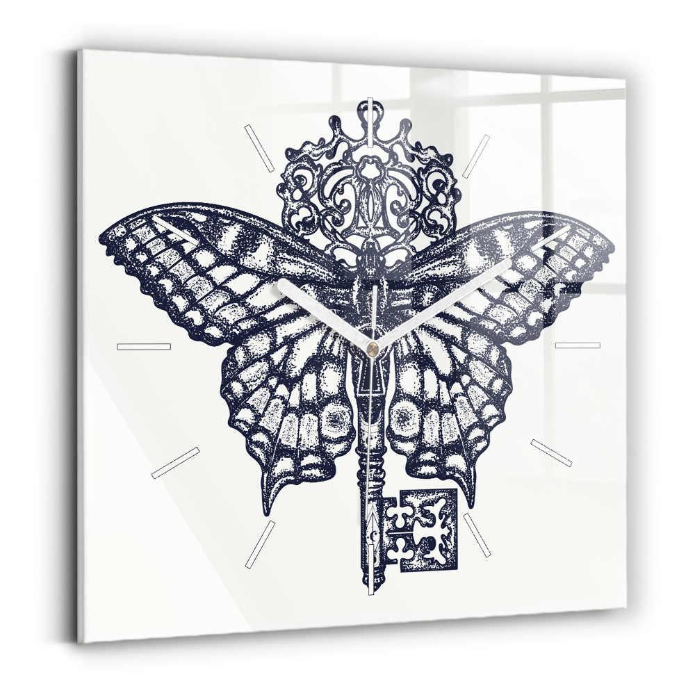 Zegar szklany kwadratowy Motyl i klucz – styl boho