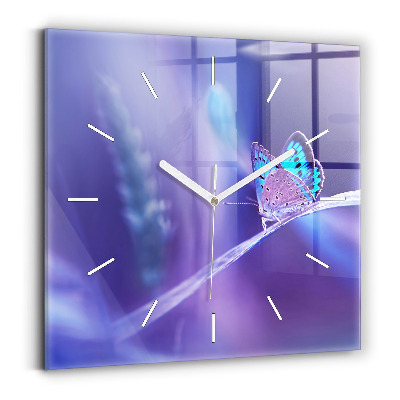 Zegar szklany kwadratowy Motyl na trawie